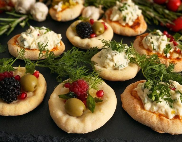Varias pequeñas tartaletas rellenas de cremoso y decoradas con hierbas y frutos.