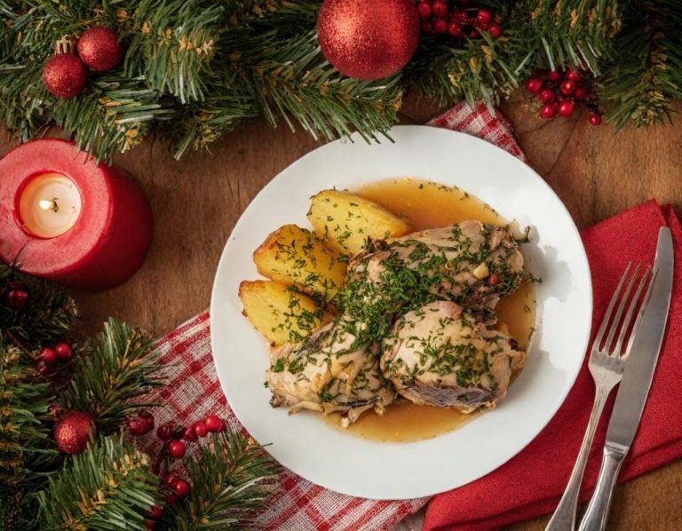 Plato navideño con pollo, patatas y salsa, decorado con hierbas y rojo navideño.