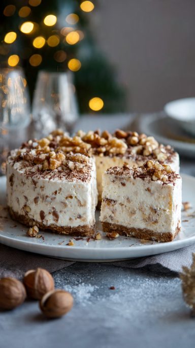 Tarta de queso decorada con frutos secos Tarta de queso decorada con frutos secos, fondo navideño desenfocado.