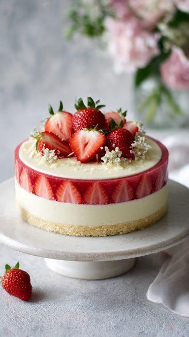 Tarta de fresa decorada con fresas y flores, sobre un plato blanco.