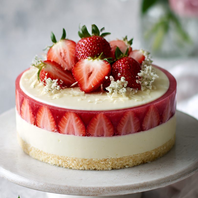 Tarta de crema con fresas, decorada con fresa y flores blancas en la parte superior.