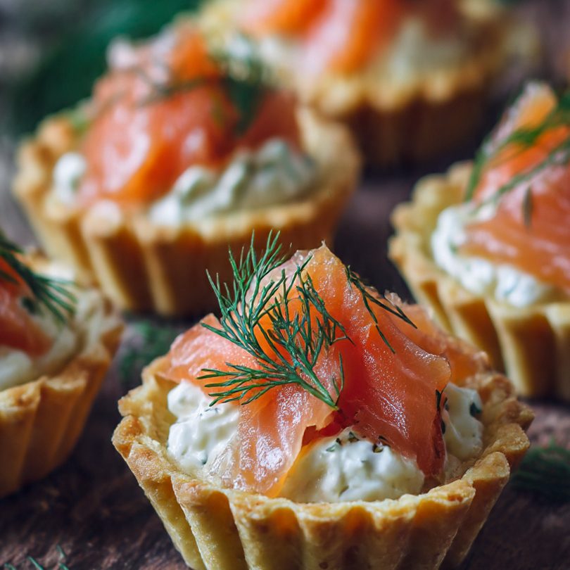 Tartaletas con crema y salmón ahumado, decoradas con eneldo fresco.