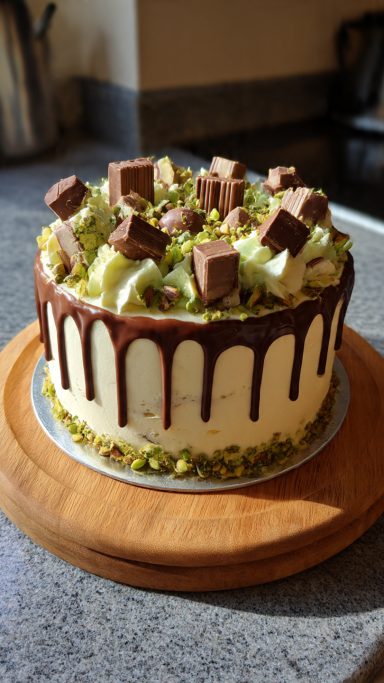 Tarta trozos de chocolate y pistachos Tarta decorada con chocolate, trozos de chocolate y frutas sobre un fondo de pistachos.