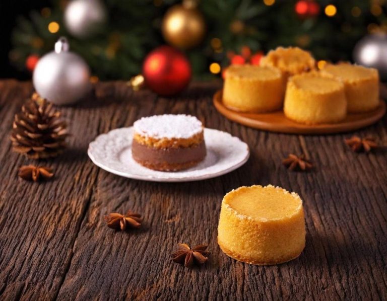 Pasteles decorativos de navidad en una mesa de madera, con adornos navideños de fondo.