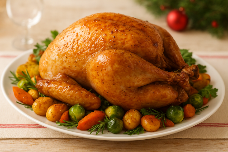 Pavo asado dorado sobre una bandeja, rodeado de verduras y decorado con hierbas.