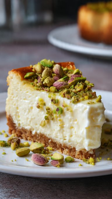 Tarta de queso con pistachos Tarta de queso con pistachos, con base de galleta y decoración de nueces.