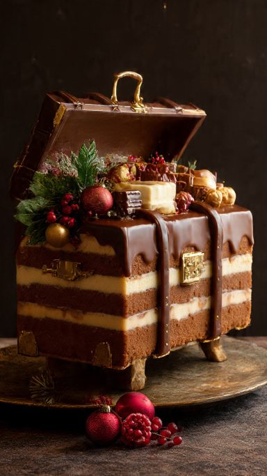 Pastel decorado como un cofre Pastel decorado como un cofre, con frutos rojos y adornos navideños.