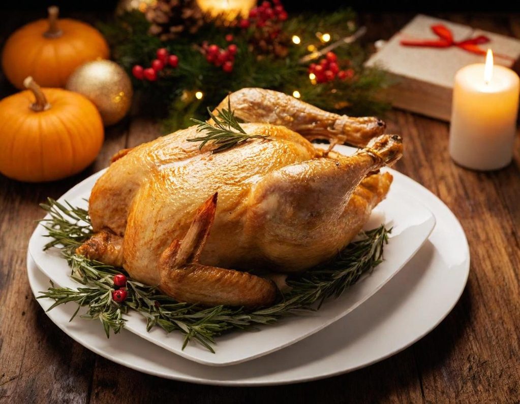 Pavo dorado en una fuente blanca, decorado con hierbas y adornos festivos.